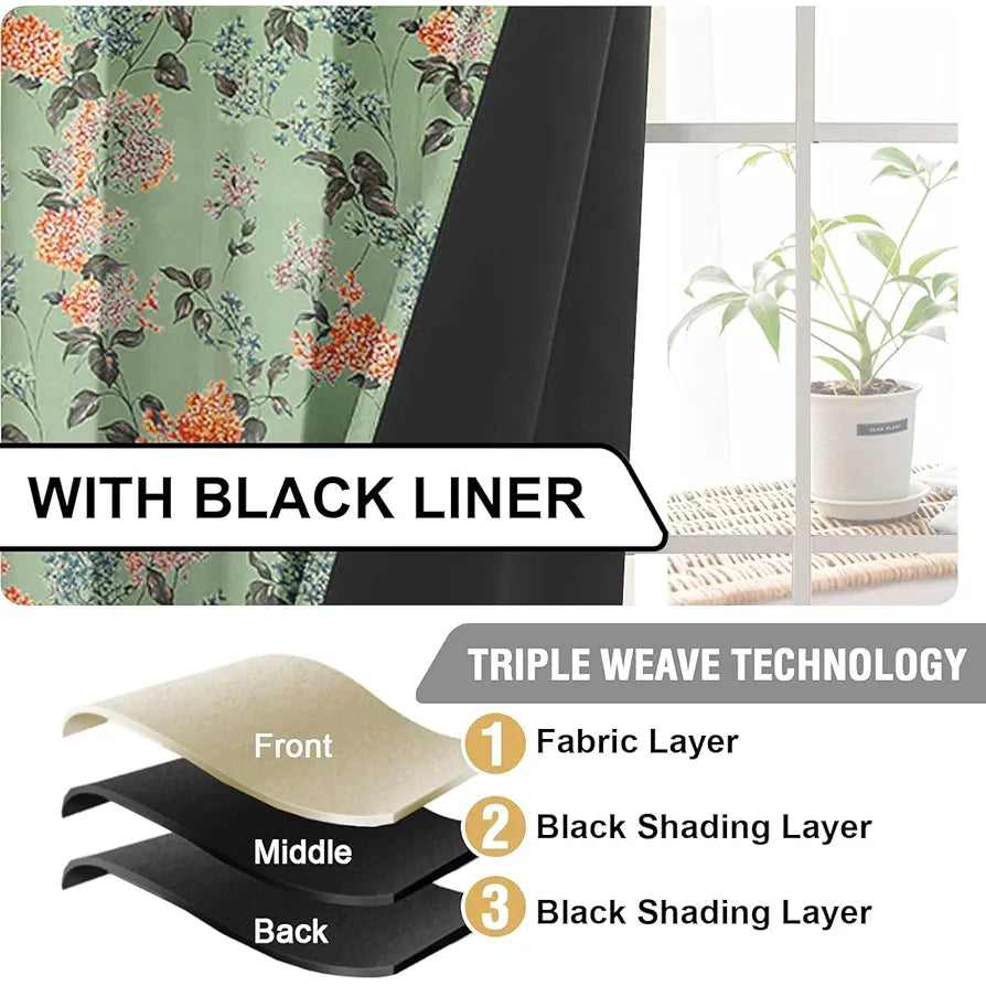 Cloth Fusion Blackout Printed Premium Window Curtains 5 Feet Long Set of 2 Green Coral