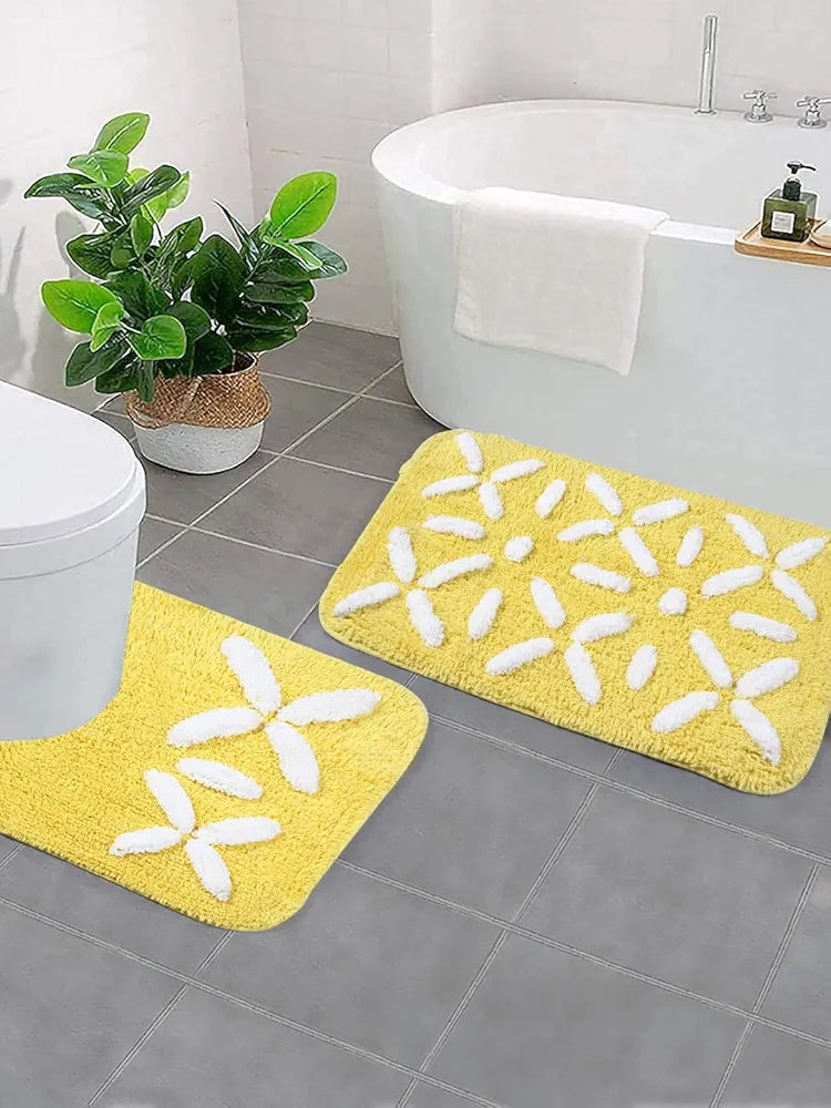 Saral Home Cotton Rectangular Bathmat With Contour Mat Colour Yellow