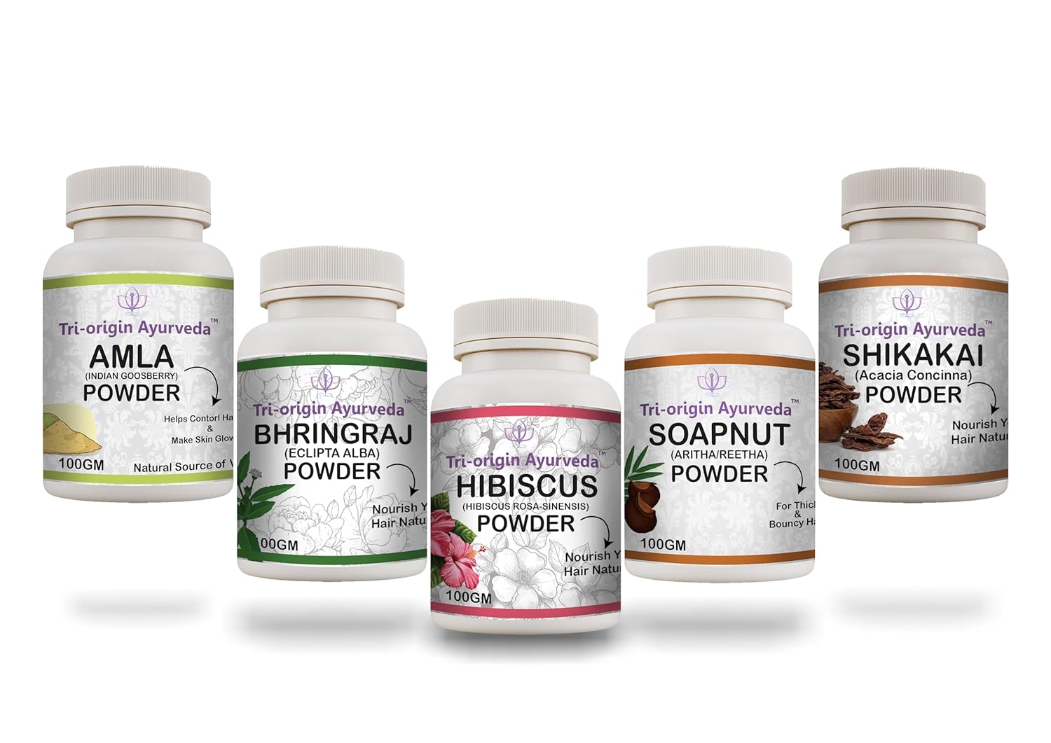 Tri-Origin Ayurvedic Powders (Amla, Reetha, Shikakai, Bhringraj, and Hibiscus) 5 Pack 100g Each - 500 gms