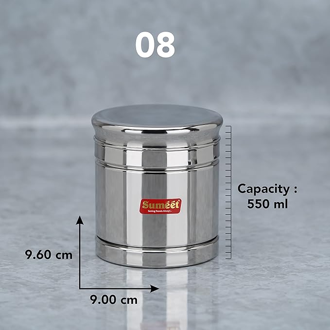 Sumeet Stainless Steel Circular Vertical Storage Container Set of 2 Pc 550 ml Each 9cm Silver