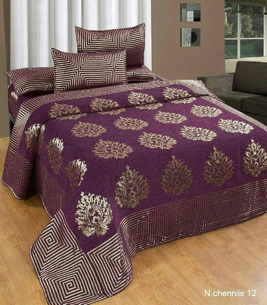 Fresh From Loom Chenille Velvet 500 tc Bedsheet 1 Double Bed King Size Bedsheet with 2 Pillow Cover Jhumka Purple