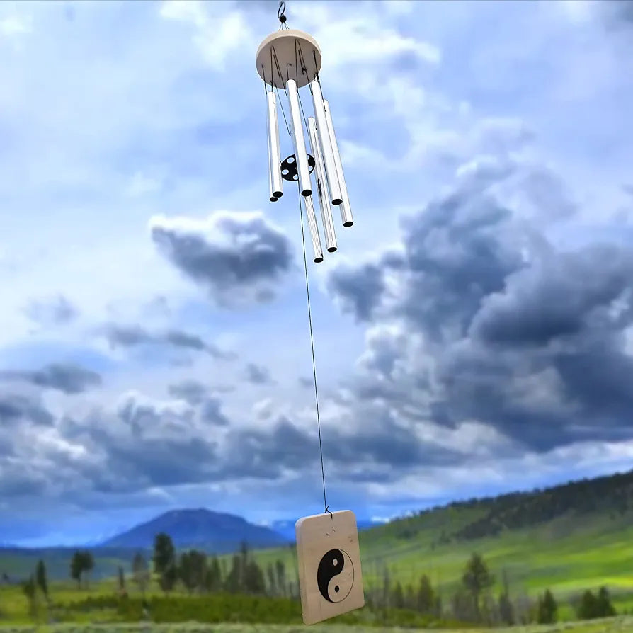Lilone Wood Aluminum 7 Pipe Silver Wind Chimes Sweet Sound 24 Inch Long