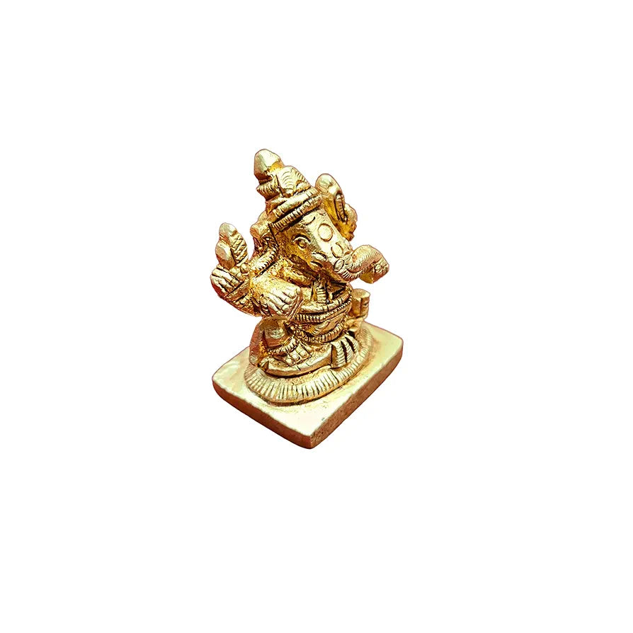 anciently Mini Left Trunk Ganesha Brass Idol | Ganesh Chaturthi Gifts | Mini Ganesha Idol for Car Dashboard Brass, 4CM Height, Gold Colour - 