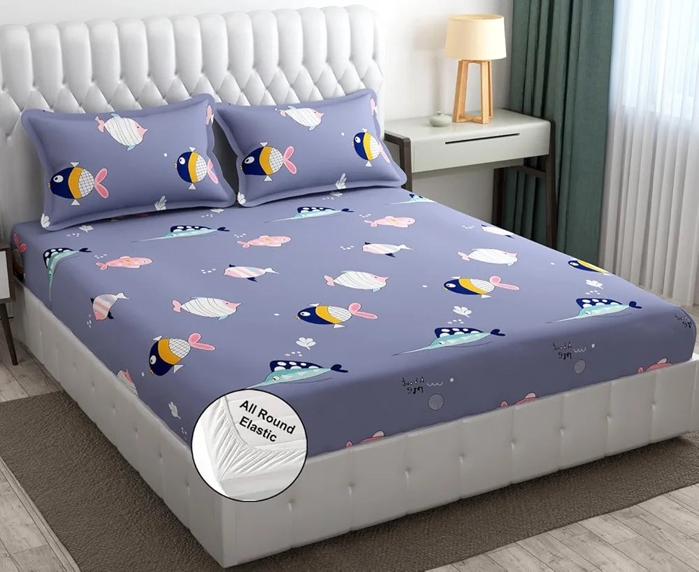 Fresh From Loom Elastic Fitted Cartoon Printed Bedsheets for Kids with 2 Pillow Fish Blue Double Bed 300 TC Grizzlies
