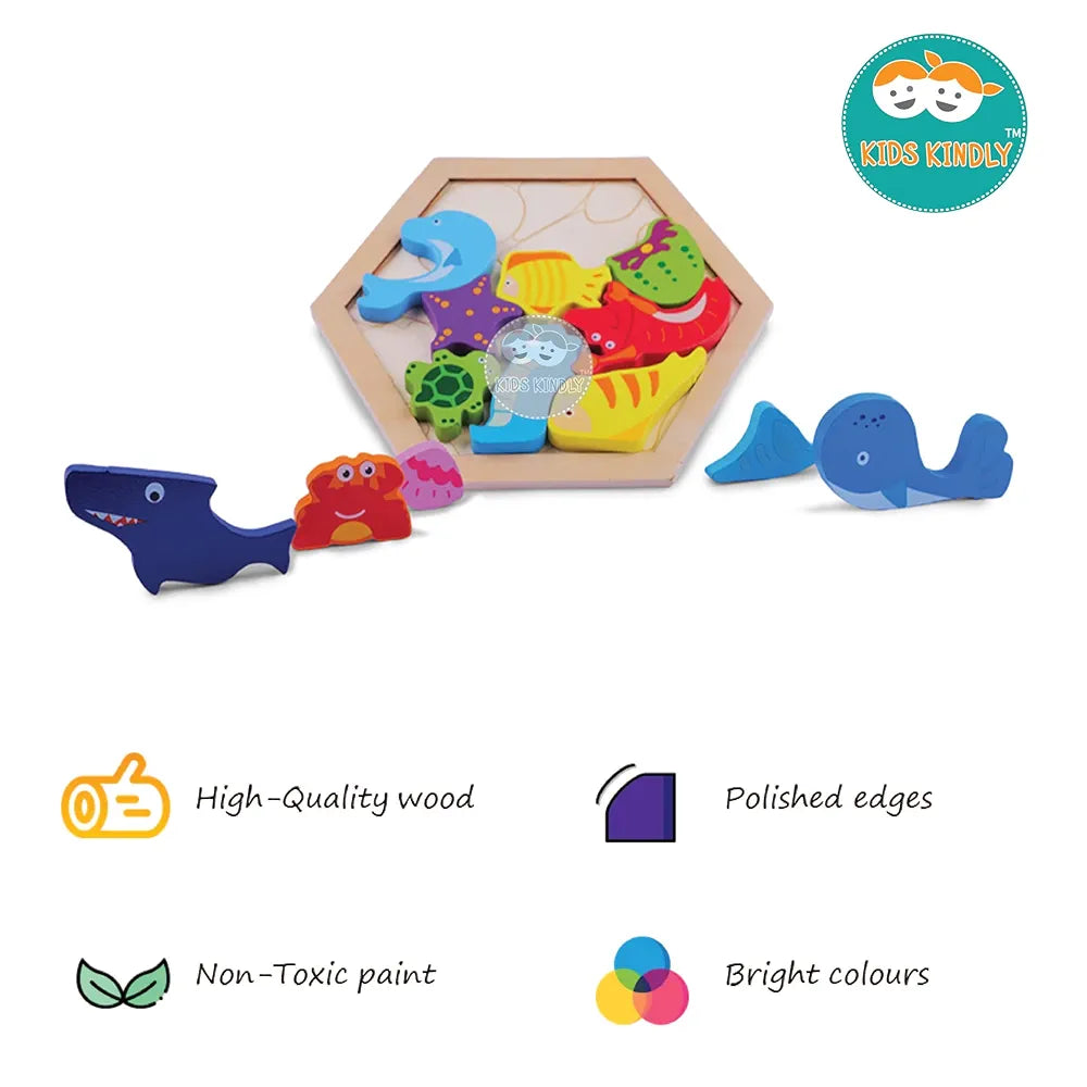 KIDS KINDLY Wooden Stacking and Sorting Puzzle - Sea Animals Theme, Jigsaw Puzzle, Wooden Toys for Kids, Age 3+