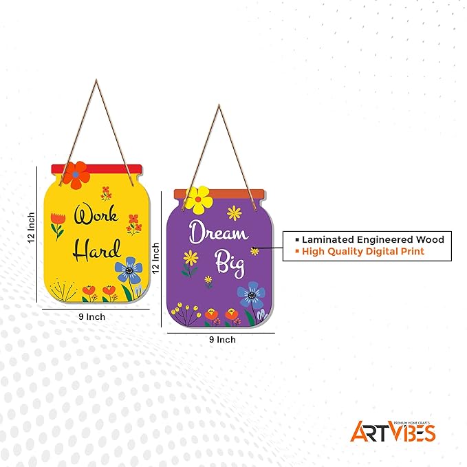 Artvibes Work Hard Quote Decorative Art Mdf Wooden Wall Hanger Ornaments for Living Room | Set of 2
