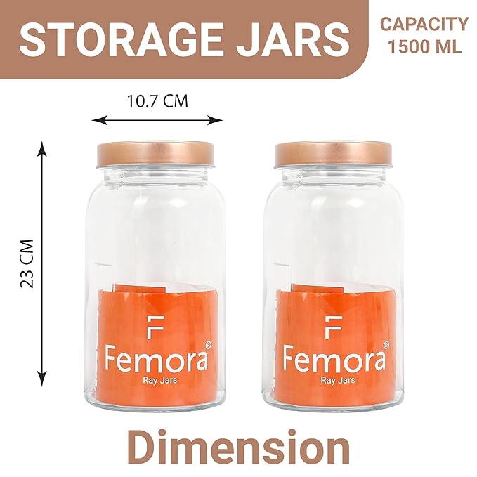 Femora Kitchen Storage Jars Clear Glass Jar With Steel Lid Air Tight Jar | 1500 Ml | Pack of 2 | Golden Lid