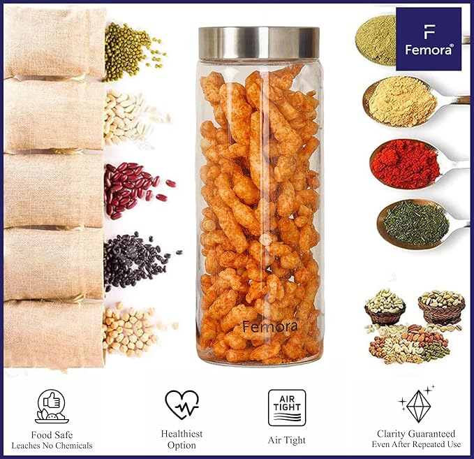 Femora Kitchen Storage Jars Borosilicate Glass With Steel Lid Air Tight Jar | 750 Ml | Pack of 6