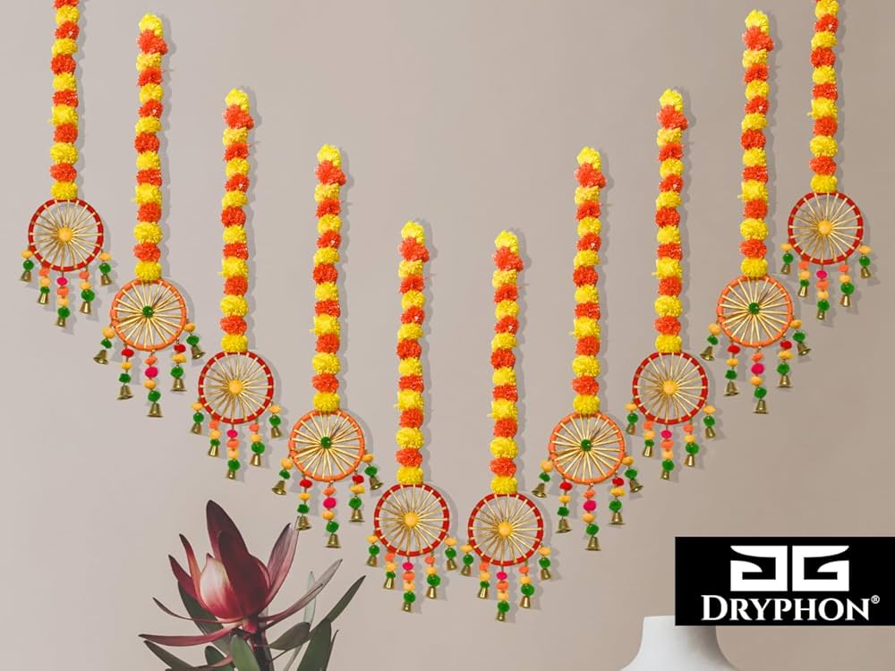Artificial Marigold Flowers for Decoration with Pom Pom Ring Bell Hanging Garlands Yellow Orange