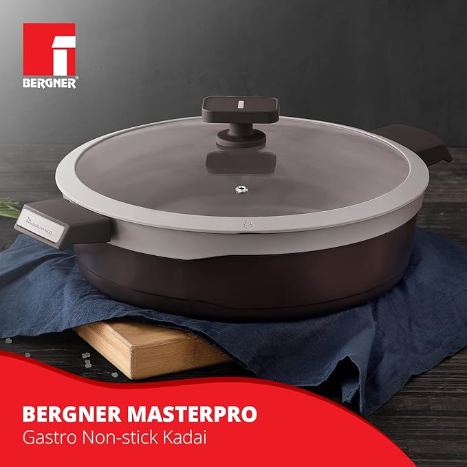 Bergner Gastro Non-stick Kadai With Glass Lid 30cm | Induction Base & Ergonomic Soft Touch Handles