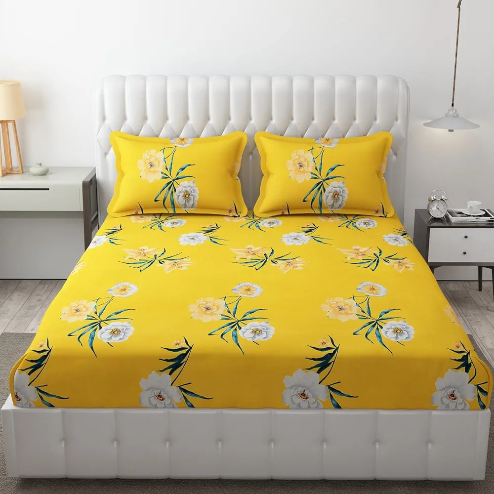 Fresh From Loom King Size Soft Glace Cotton Fitted Floral Bedsheet With Two Pillow Cover Elastic Fitted Bed Sheets Peach Yellow 144 TC
