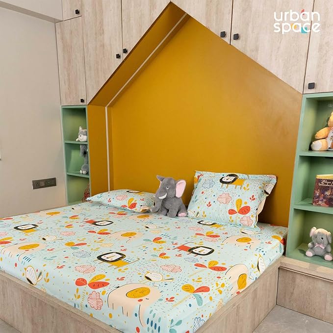 Urban Space Serene Cotton Bedsheet 2 Pillow Covers (Colour Lion King Sky Blue)