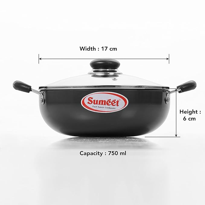 Sumeet Aluminium 3mm Hard Anodized Deep kadai with Glass Lid 17cm Dia. 750 ml