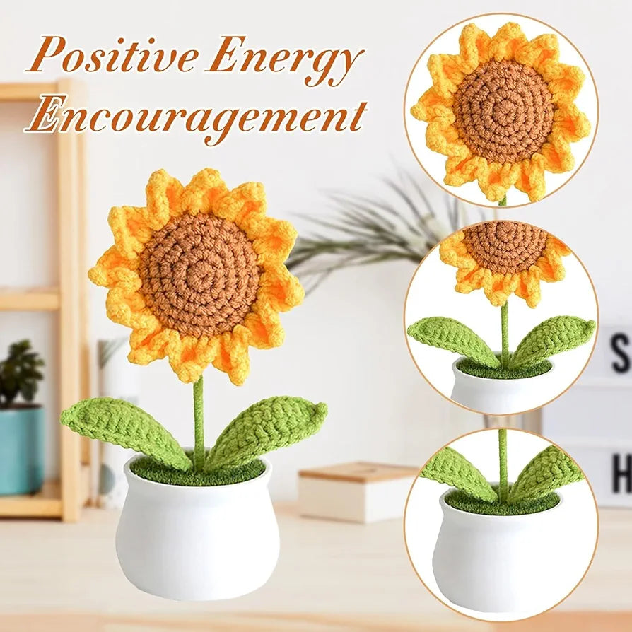Handmade Crochet Sunflower Pot 1 PC Artificial Flower Knitted Wool Flower