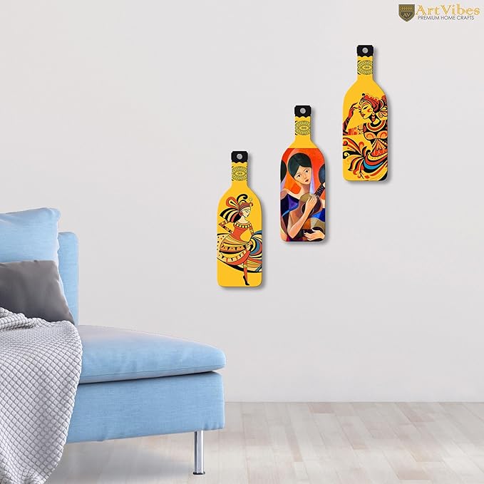 Artvibes Women Guitarist Wooden Wall Hanging for Home Decor | Set of 3