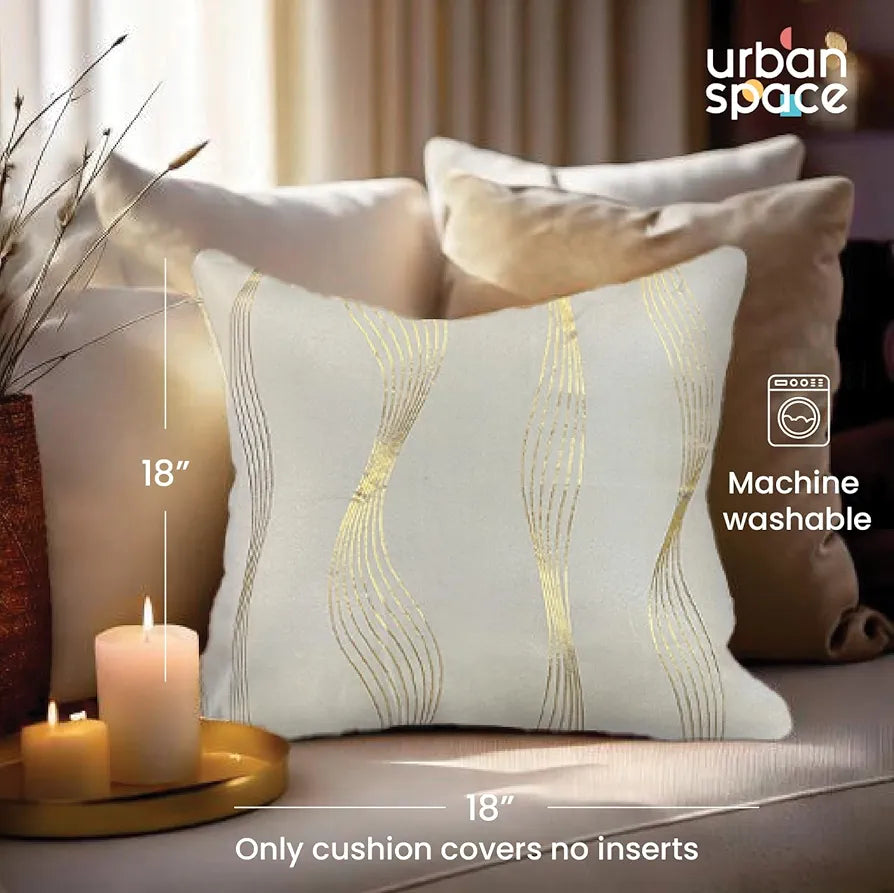Urban Space Decorative Gold Foil Cushion Cover Set of 2 Cushion Covers for Sofa, Bedroom, Living Room Double Wave Beige