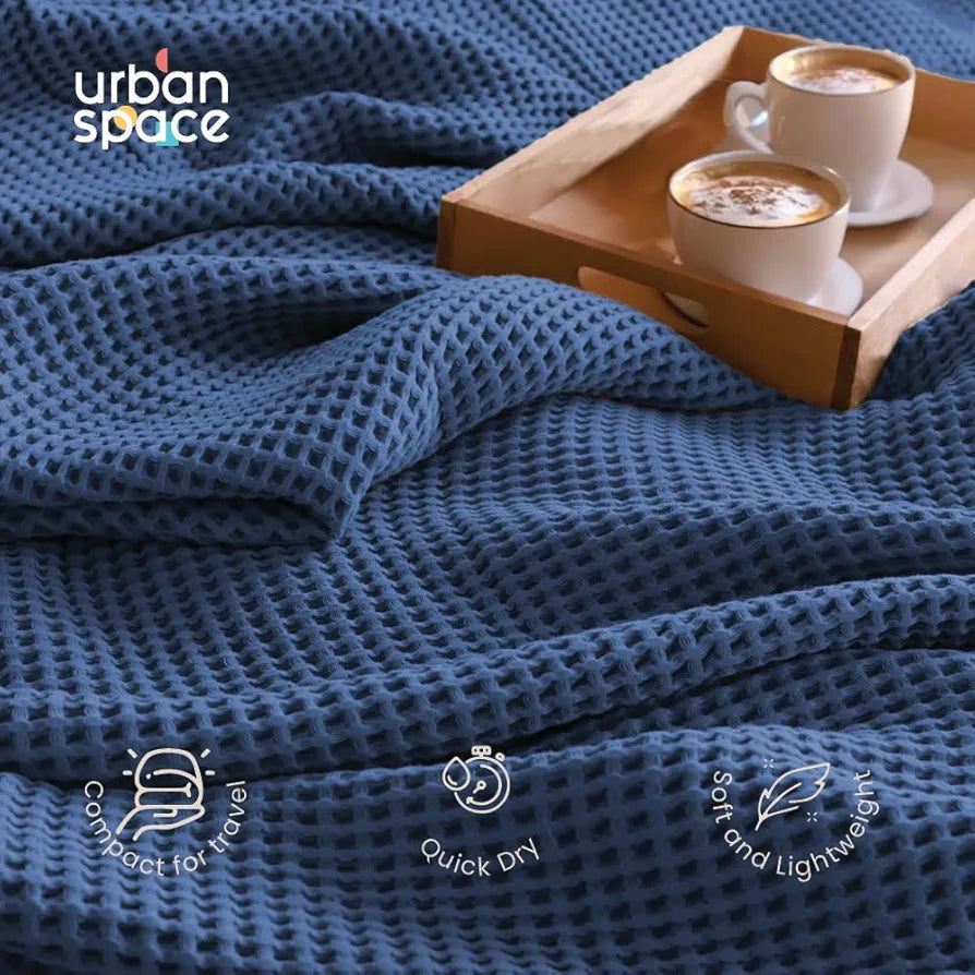 Urban Space Cotton Waffle Throw Blanket, Soft Decorative Throw for Living Room, Sofa, Chair and Couch, Handmade,Reversible and Breathable Throw Waffle Navy Blue