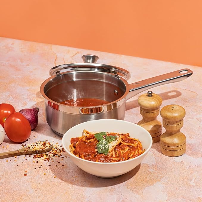 Vinod Two Tone Stainless Steel Saucepan With Glass Lid 1.5 Litres | 16 Cm | 6.2mm Thick