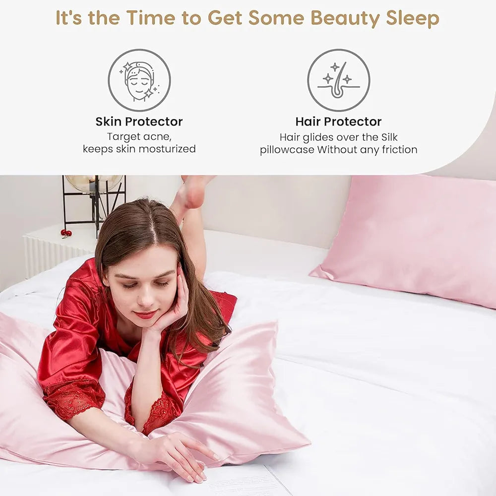 Cloth Fusion Satin Pillow Cover Set of 2 Pillow Case with 3 Satin Soft Scrunchies Baby Pink