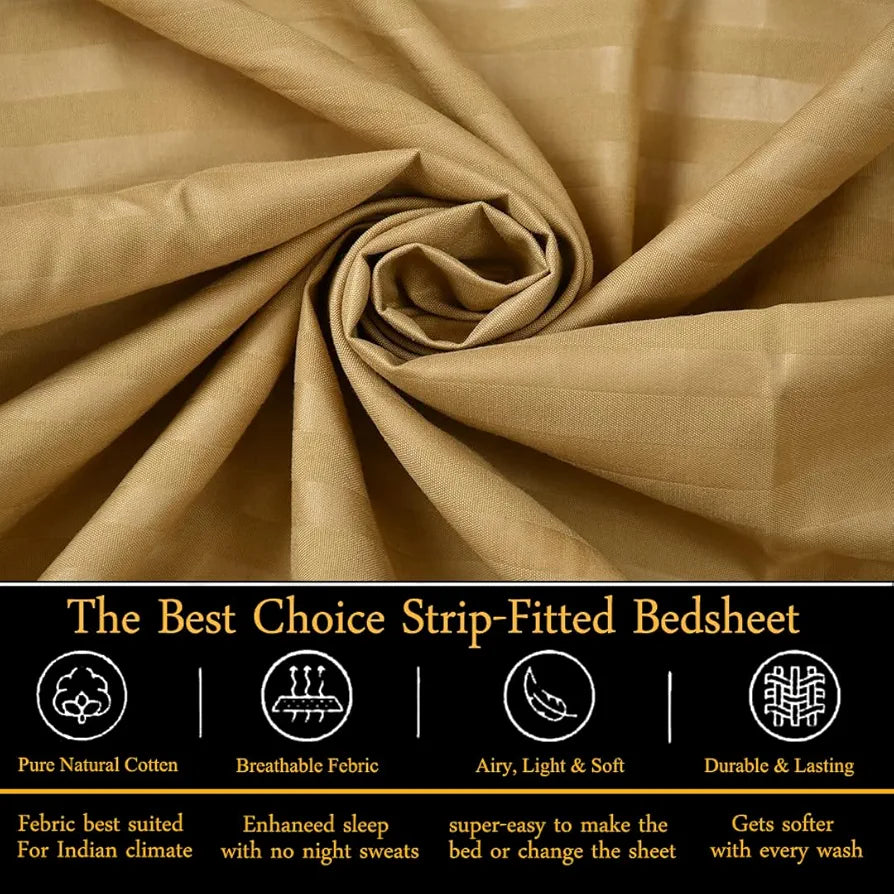 Fresh From Loom 240 Tc Satin Striped King Size Soft Fitted Bedsheet with Two Pillow Cover Elastic Light Brown