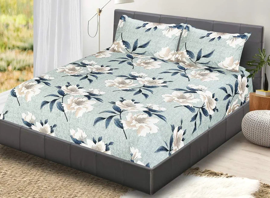 Fresh From Loom Microfiber Bedsheet For Double Size Bed Floral Design Bed Spread With 2 Pillow Covers 144 TC Sea green
