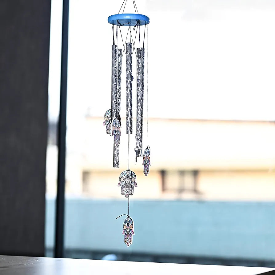 Wind Chimes for Balcony and Home 6 Hamsa Hand 5 Silver Pipe Wind Chime -014