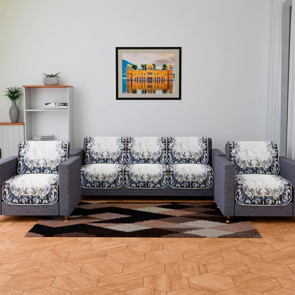 Kuber Industries Sofa Cover Set Blue Digital Flower Sofa Cover 5 Seater Couch Cover Gray