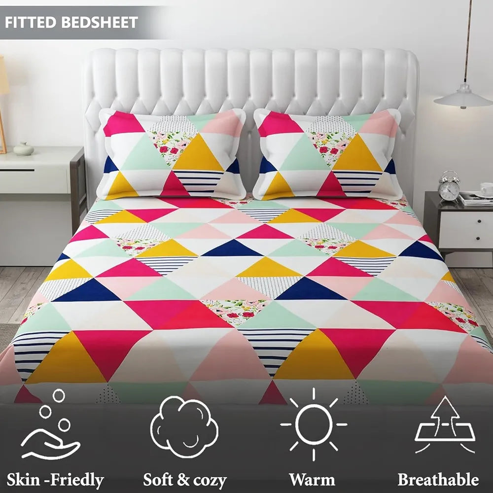 Fresh From Loom Soft Glace Cotton Fitted Bedsheet King Size Bed With Two Pillow Cover Elastic Fitted 144 TC Trangle Multi