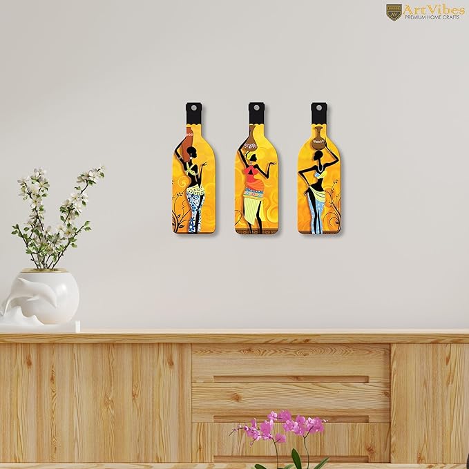 Artvibes African Women Warli Art Wooden Wall Hanging for Home Decor | Set of 3