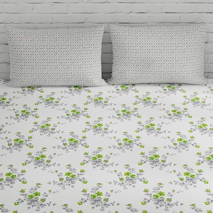 Huesland by Ahmedabad Cotton 144 TC Cotton Bedsheet for Double Bed King Size with 2 Pillow Covers | White, Green & Grey