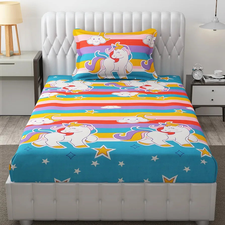 Fresh From Loom Glace Cotton Wrinkle Free Soft Cartoon Printed Single Size Bedsheets With 1 Pillow Covers 144 tc Multicolor Unicorn Multicolor