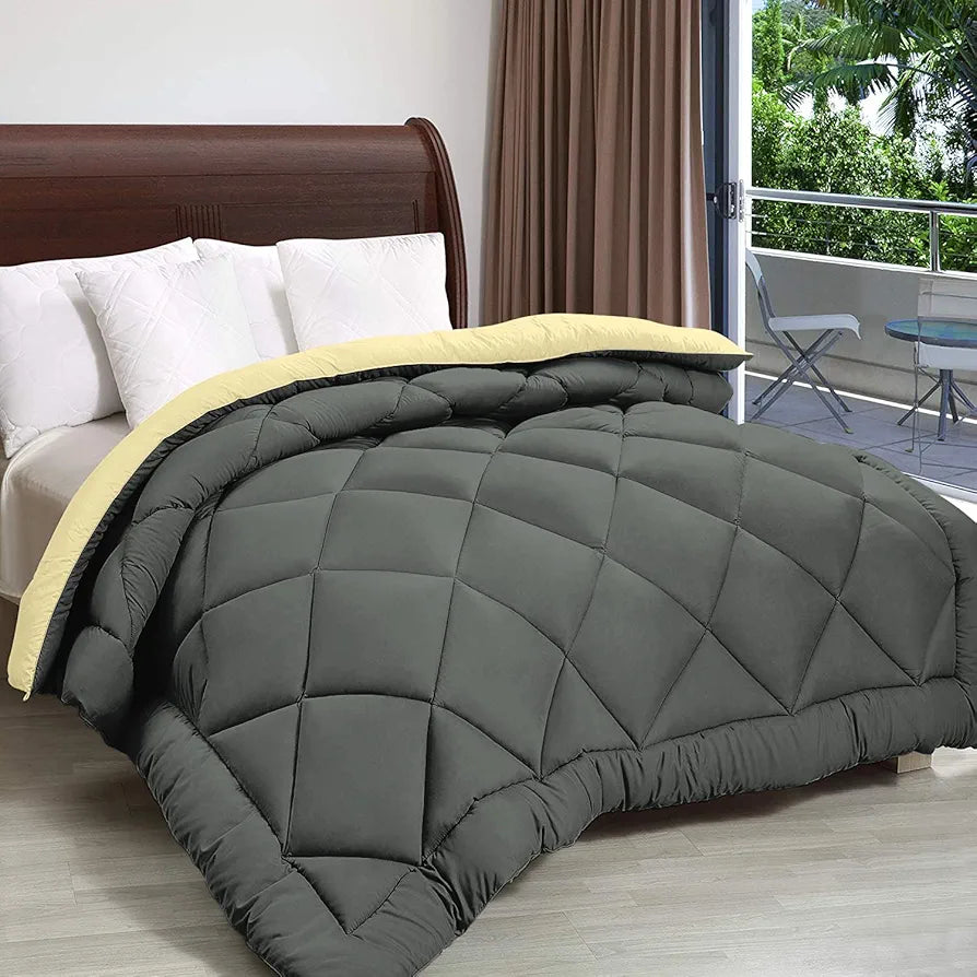 Cloth Fusion Reversible AC Comforter Set Double Bed Soft Microfibre King Size Quilt Blanket for Winter Yellow & Grey