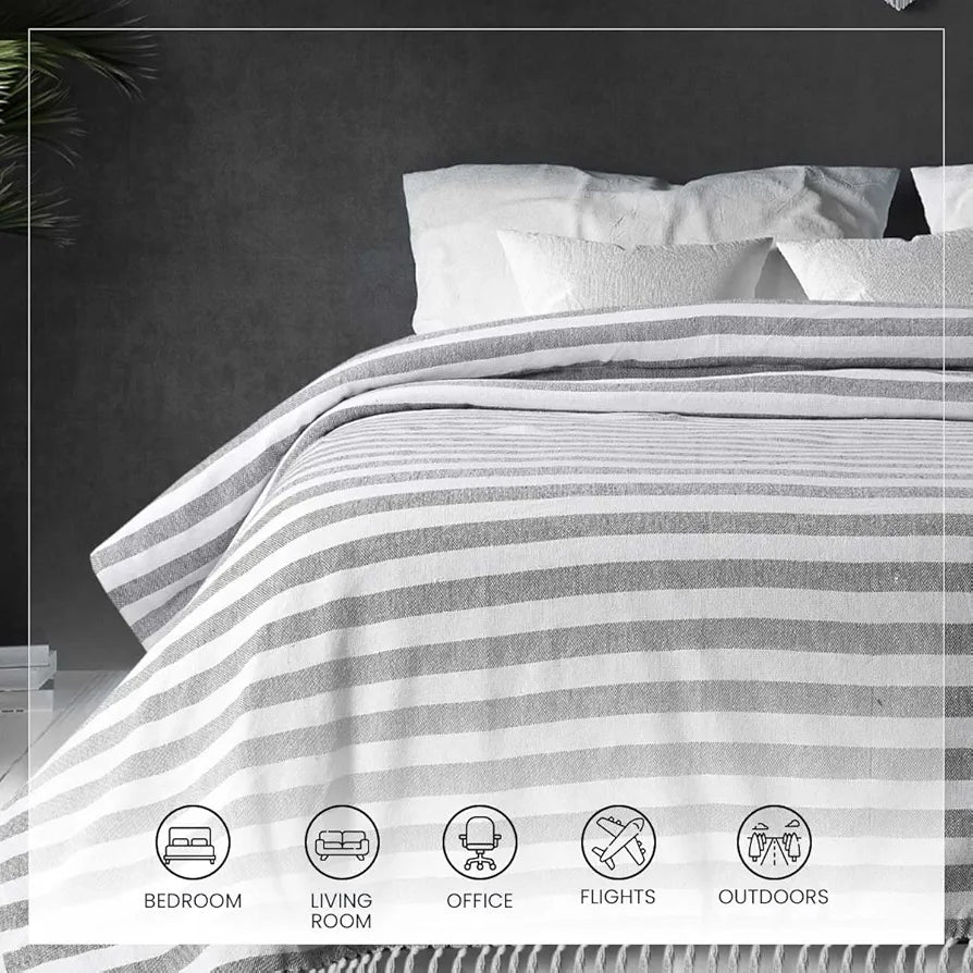 Sashaa World Striped Cotton Throw Bedcover Super Soft & Breathable Throw Blanket (Black/White)