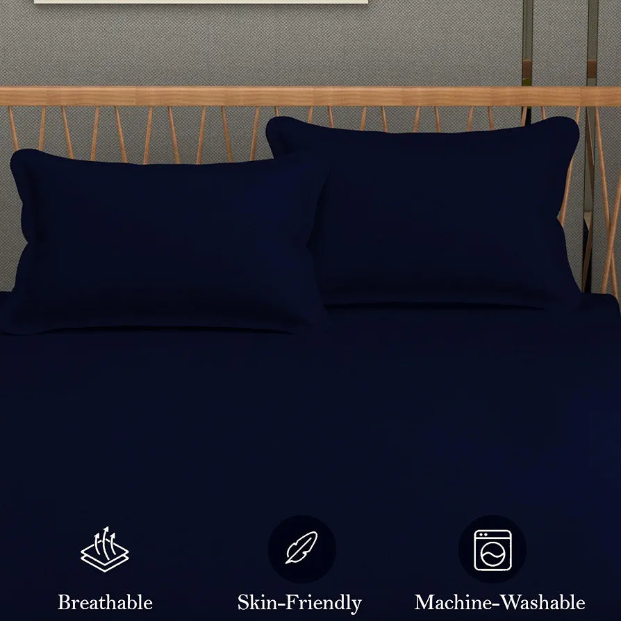 Fresh From Loom Plain Single Size Solid Plain Bedsheet Set 240 TC With 1 Pillow Covers Navy Blue Plain