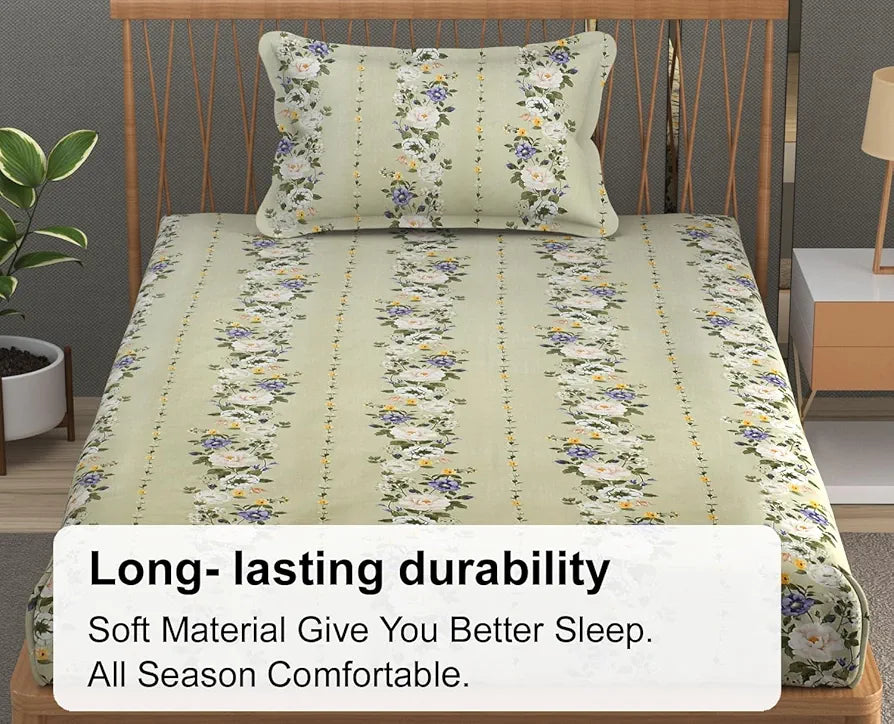 Fresh From Loom Soft Floral Print Microfiber Single Bed Bedsheet Set 240 TC 1 Pillow Covers Multicolor Pale-Leaf