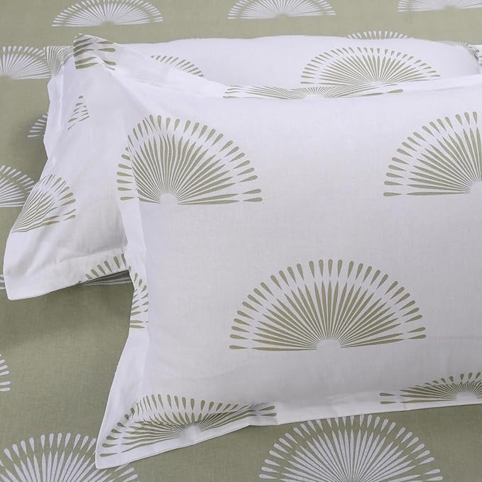 Huesland by Ahmedabad Cotton 144 TC King Size Bedsheet Cotton with 2 Pillow Covers | Sunrise | Basil Green & White