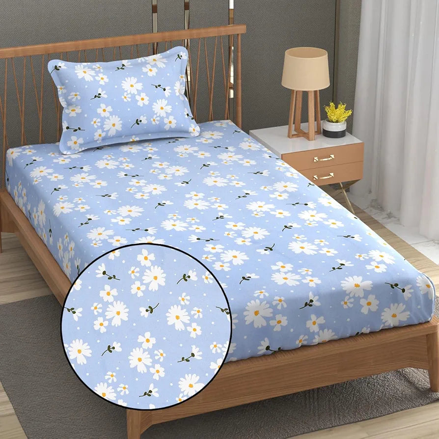 Fresh From Loom Soft Microfiber Floral Print Single Bed Bedsheet 240 TC 1 Pillow Covers Casper-Blue