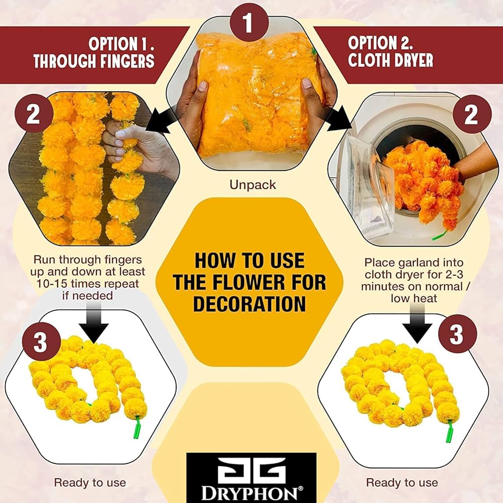 Artificial Marigold Flowers for Decoration with Pom Pom Ring Bell Hanging Garlands Yellow Orange