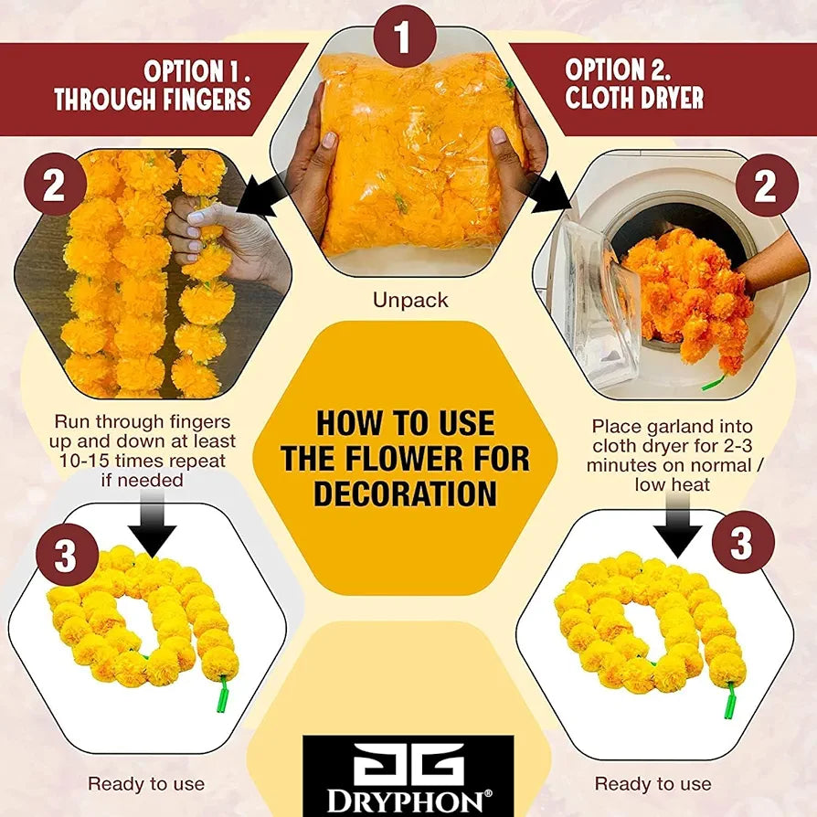 Artificial Marigold Flowers for Decoration with Pom Pom Ring Bell Hanging Orange