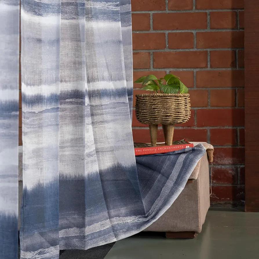 Urban Space Printed Sheer Curtains for Long Door 8 feet Light Filtering Textured Decorative Curtains with Eyelets and TieBack for Living Room, Set of 2 Curtains Coastal Tides Navy Sheer