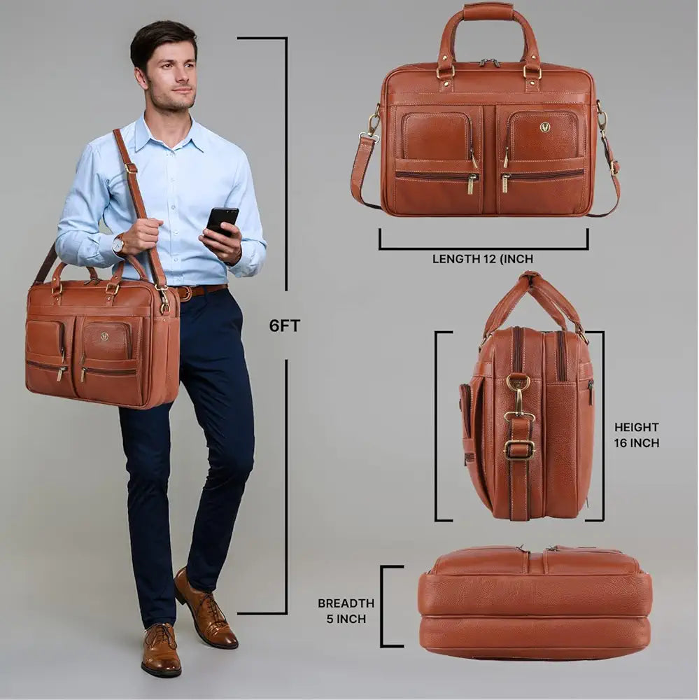 WildHorn Leather 15.6 inch Laptop Messenger Bag for Men I Multi- Pockets I Extra Storage I Carry Handles I Adjustable Strap