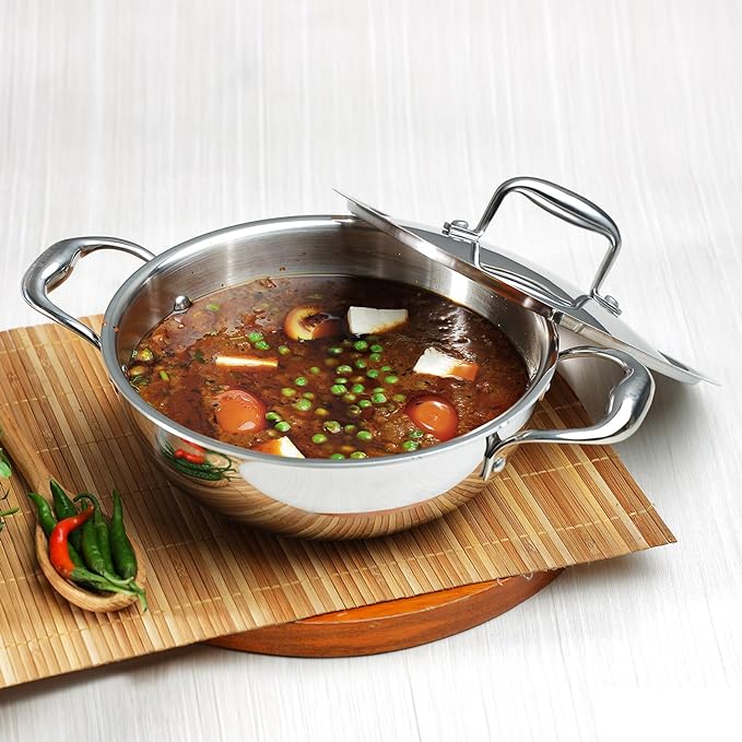 Vinod Platinum Triply Stainless Steel Extra Deep Kadai with Lid 3.7 Litre (26 cm Dia) | 2.5mm Thick | Stainless Steel Cookware
