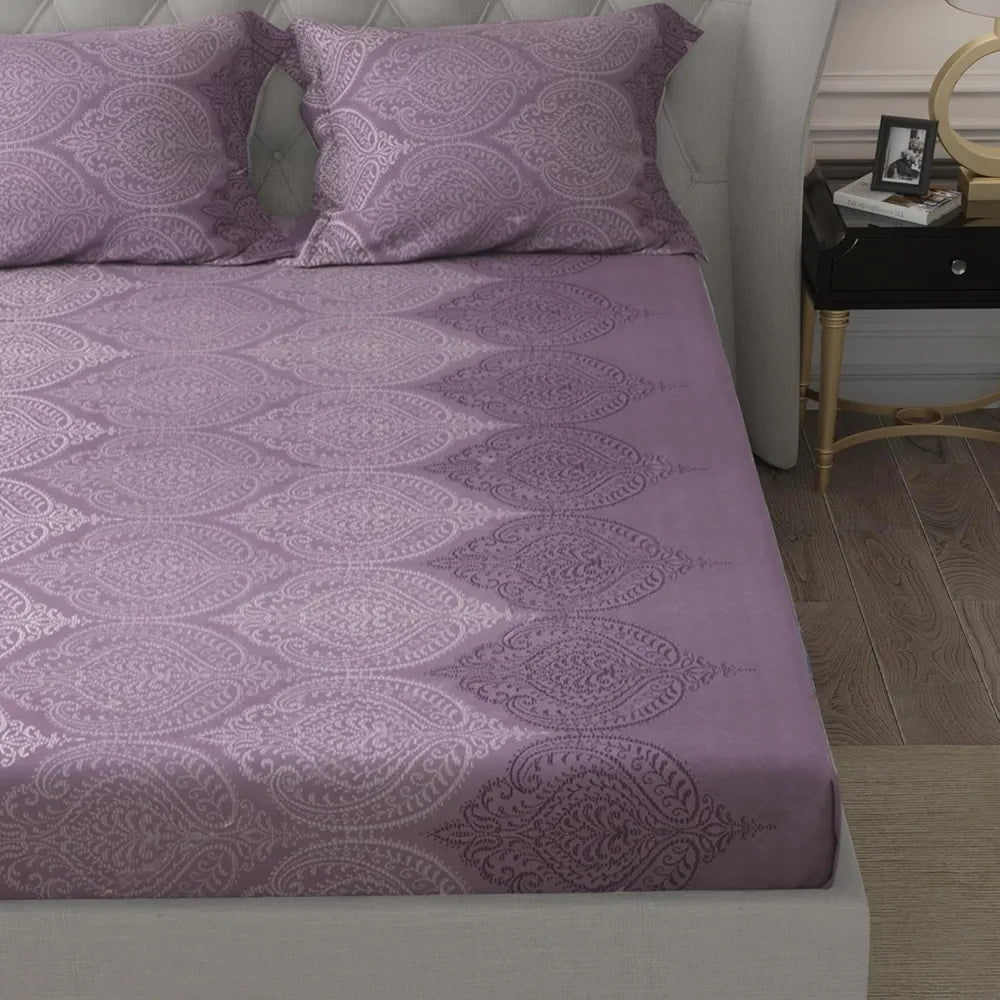 Cloth Fusion Glace Cotton Elastic 186tc Printed Fitted Bedsheet for Double Bed King Size with 2 Pillow Covers Ogee Lavender