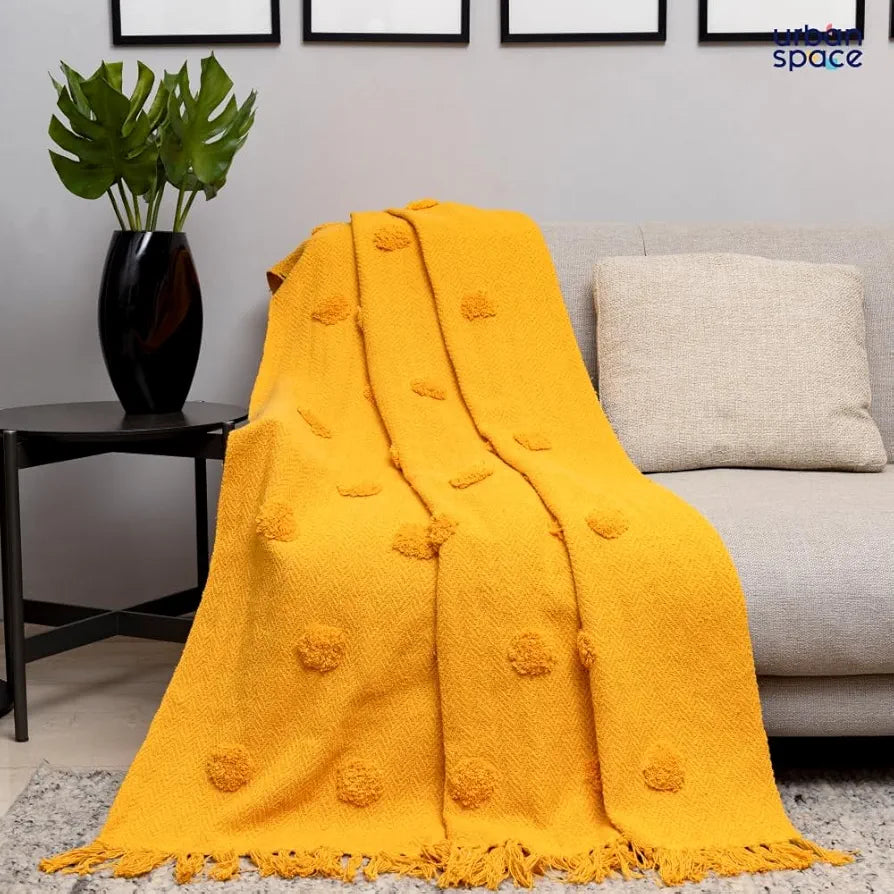Urban Space Handmade Pure Cotton Sofa Throw Blanket, Soft Decorative Throw for Living Room, Sofa, Chair and Couch, Reversible and Breathable Throw Mustard Colour