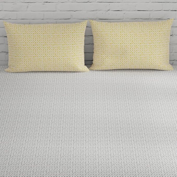 Huesland by Ahmedabad Cotton 144 TC Cotton Bedsheet for Double Bed King Size with 2 Pillow Covers | Grey & Yellow