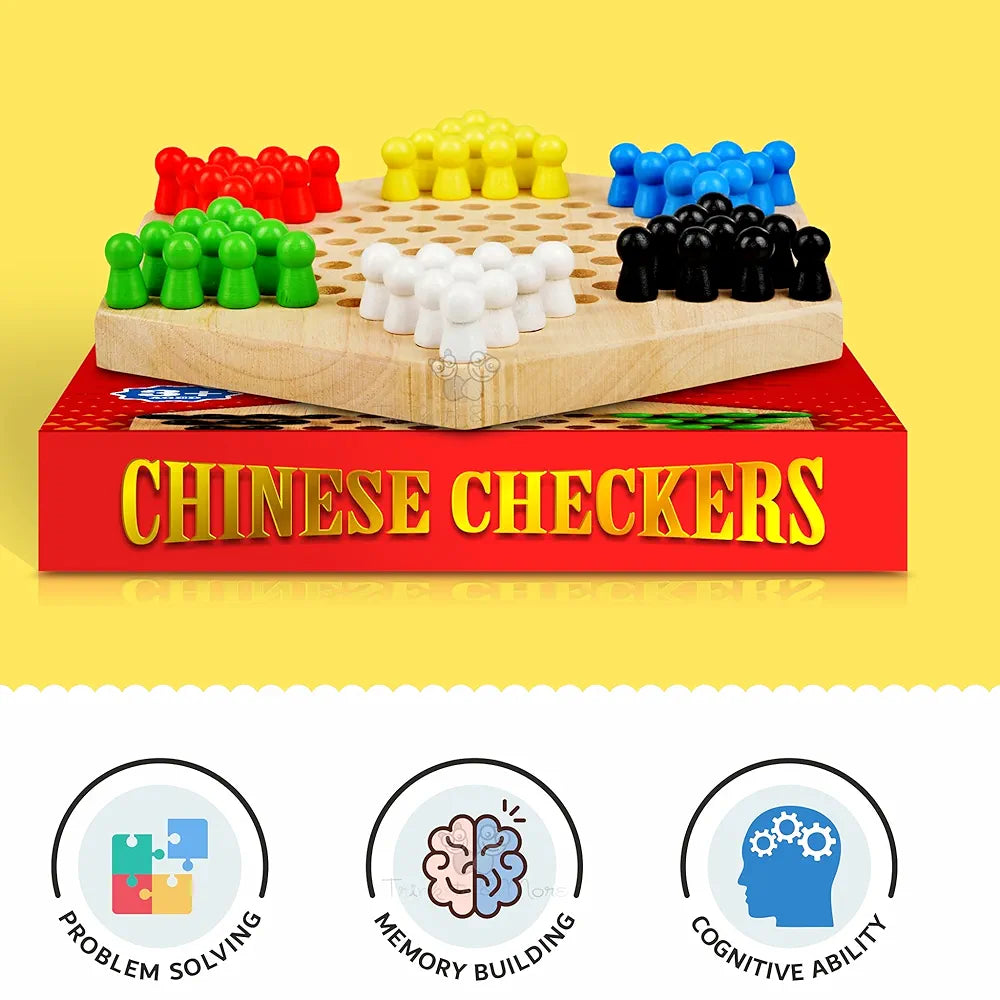 Trinkets & More - Wooden Chinese Checkers Hexagon with Wooden Marbles Board Games Superb Family Game Perfect Adults and Kids Gift Fun Toys 3+ Years 