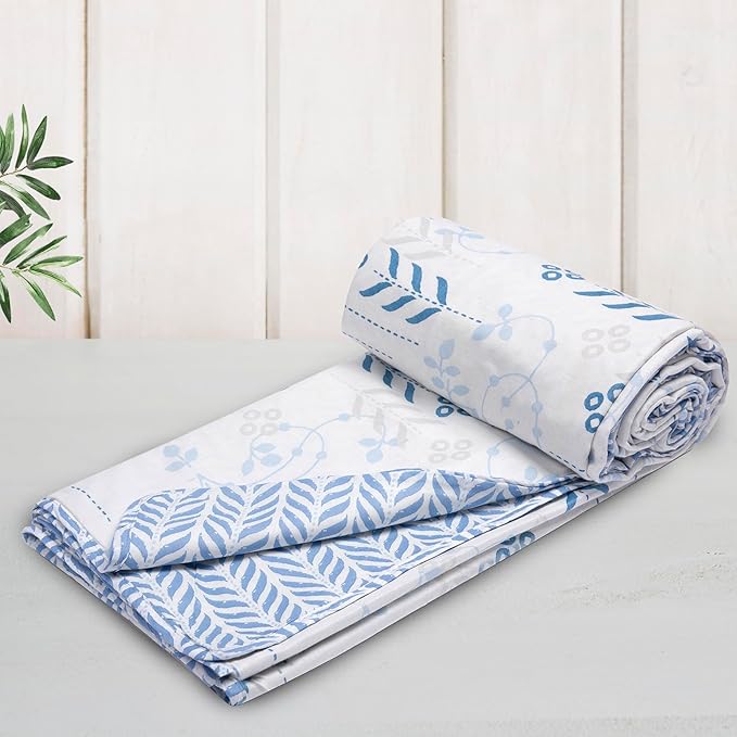 Huesland 100% Cotton Reversible Dohar Single Bed Cotton | Soft Cambric Weave | All Weather Light Ac Blanket | White & Arctic Blue