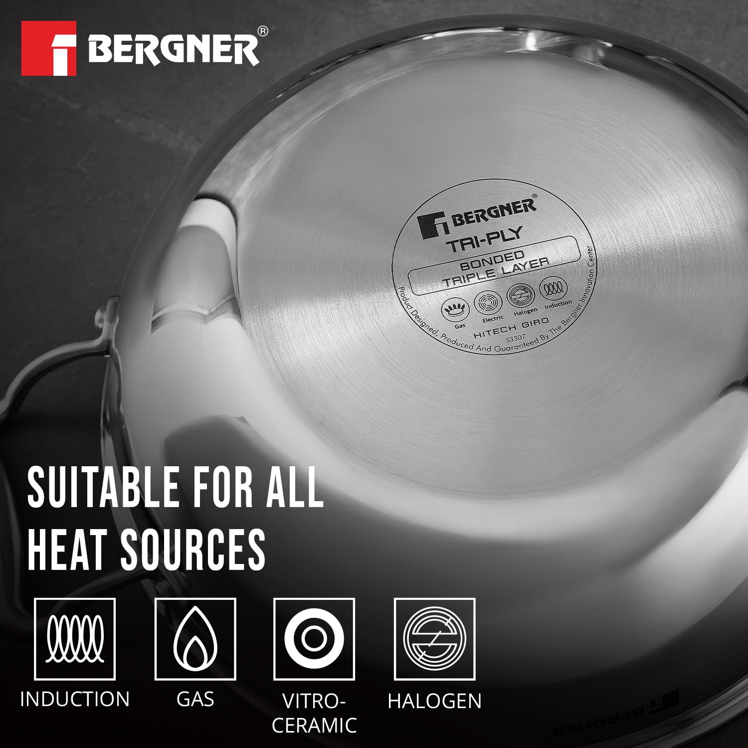Bergner Hitech Triply Stainless Steel 26 Cm Kadai | Indian Wok With and Glass Lid