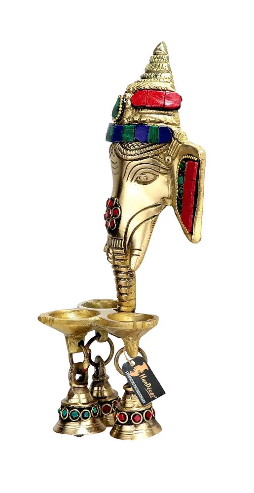 Two Moustaches Gemstone Work Brass Ganesha Wall Hanging Diya with Bells for Home Decor