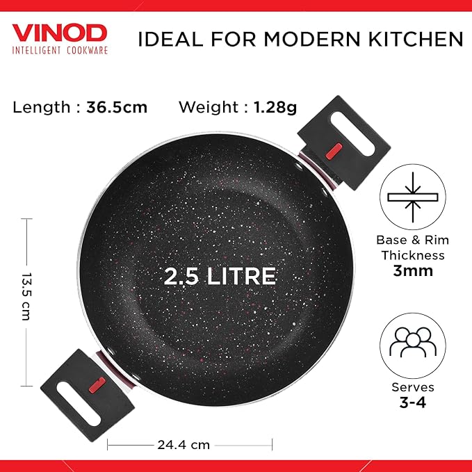 Vinod Popular Aluminium Non Stick Kadai With Detachable, Removeable Handles - 2.5 Litres | 24 Cm | 3 Mm Thick | Kadhai With Glass Lid